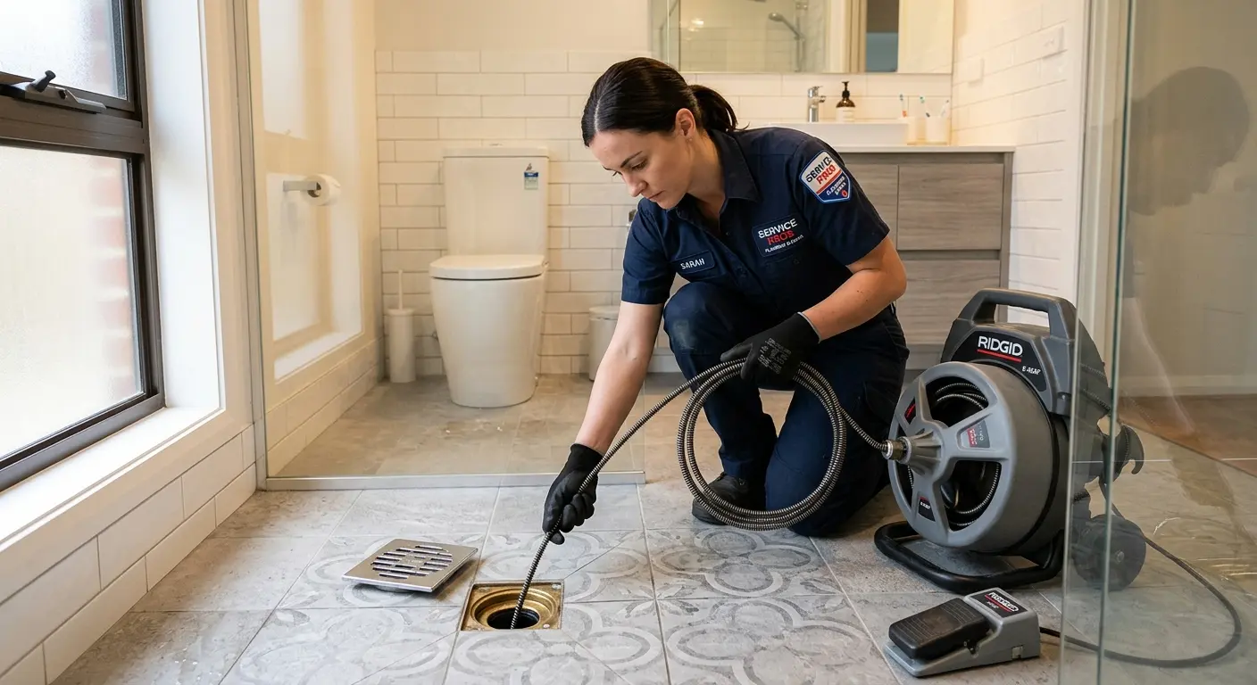 Technician clearing a bathroom floor drain for Drain Repair in Stokesdale